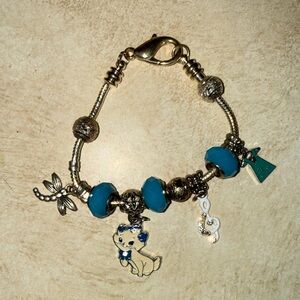 Silver-Tone Charm Bracelet with Teal Beads, Dress, Music, and a Dragonfly on it